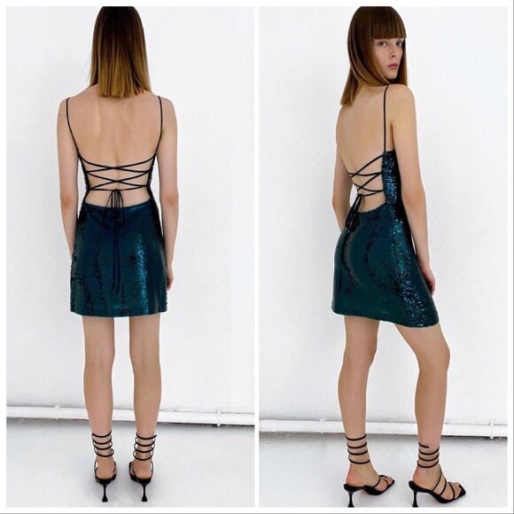 ZARA Green Sequin Lace-up Mini Dress Size S - Picture 2 of 11